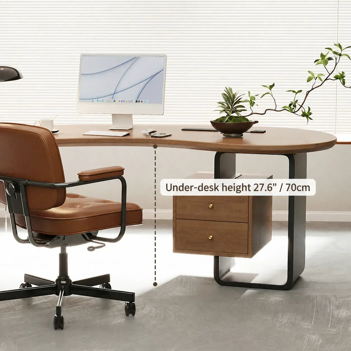 Solid Wood Office Desk with Curved Acrylic Leg and Side Storage