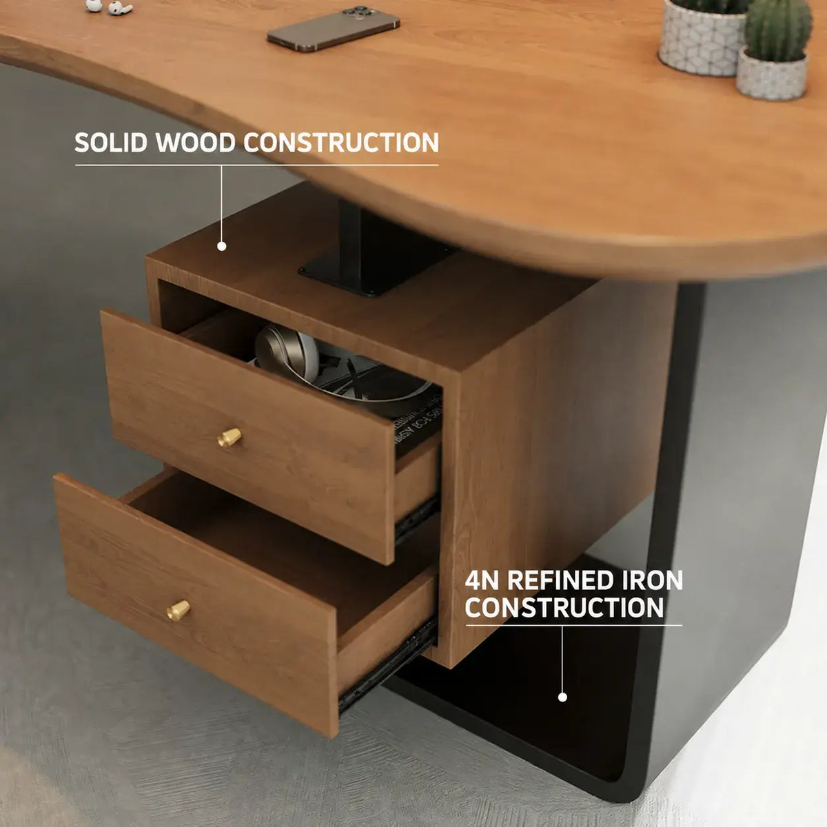 Solid Wood Office Desk with Curved Acrylic Leg and Side Storage