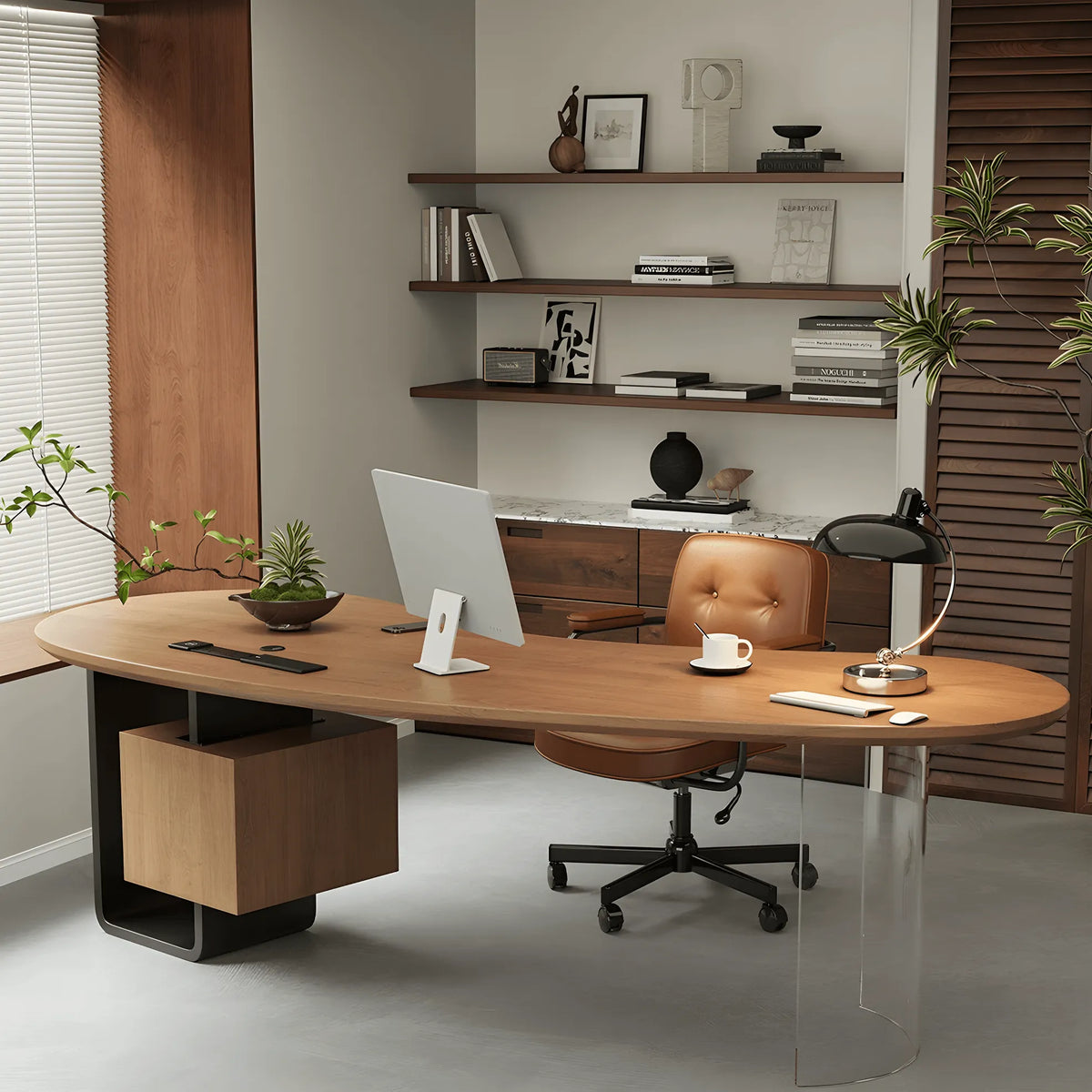 Solid Wood Office Desk with Curved Acrylic Leg and Side Storage Main Product Image