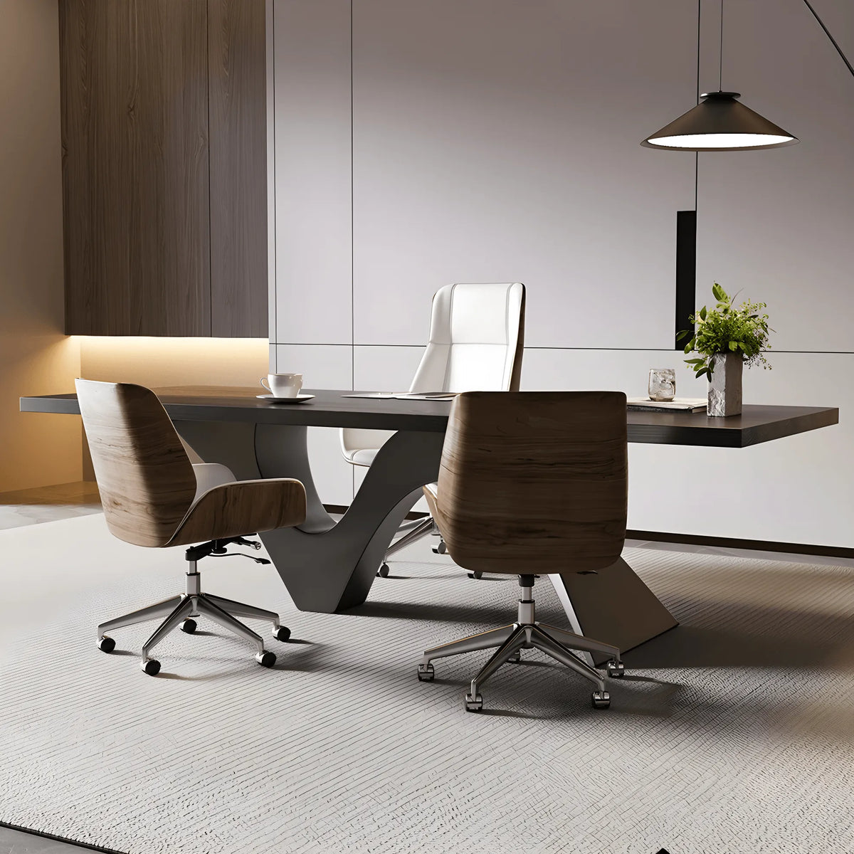 Solid Wood Office Desk with Sculptural Wave Legs and Wide Executive Top