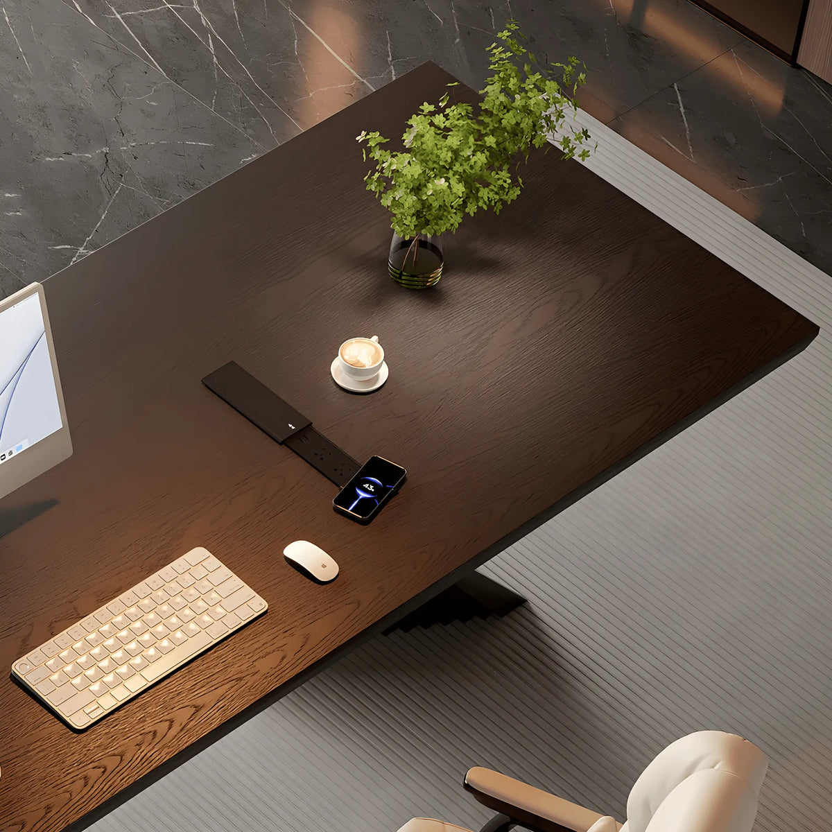 Solid Wood Office Desk with Sculptural X Steel Base and Cable Management