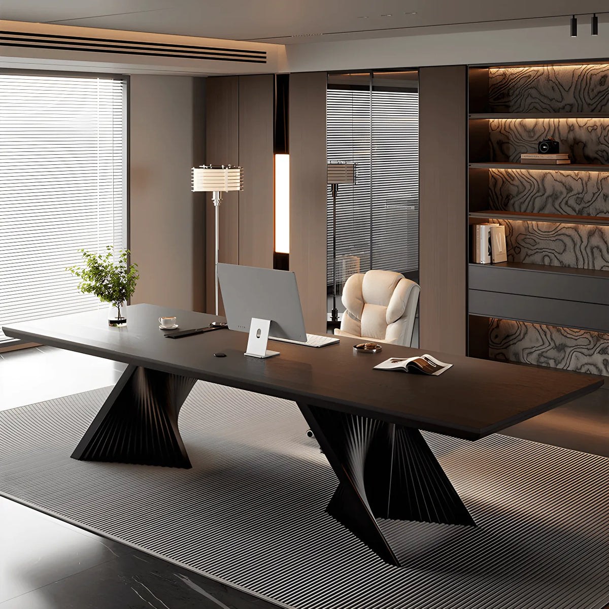 Solid Wood Office Desk with Sculptural X Steel Base and Cable Management