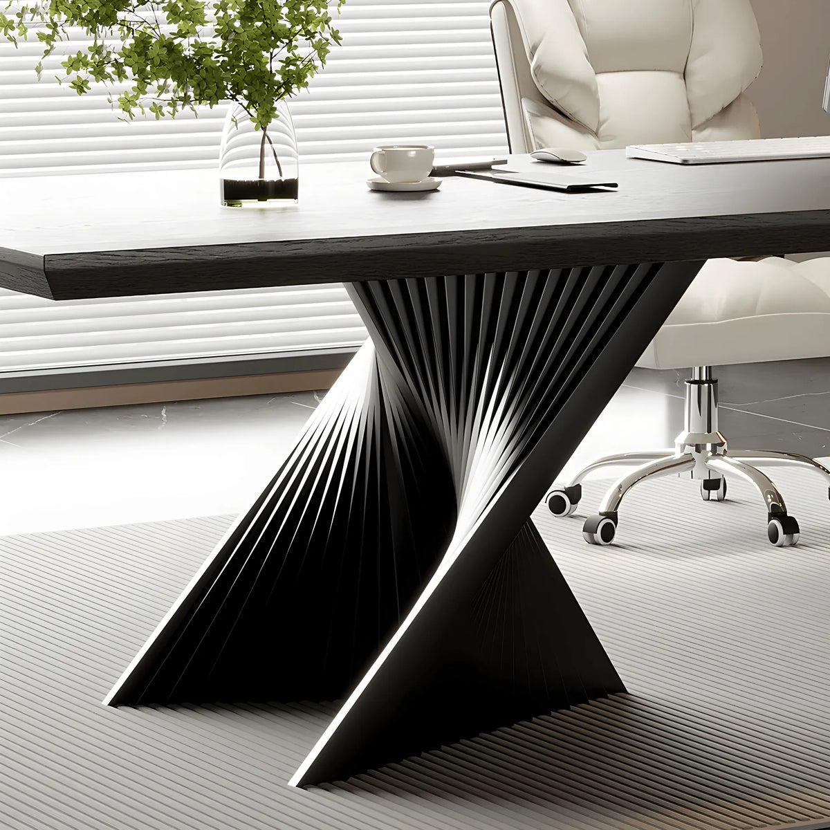 Solid Wood Office Desk with Sculptural X Steel Base and Cable Management