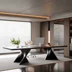 Solid Wood Office Desk with Sculptural X Steel Base and Cable Management