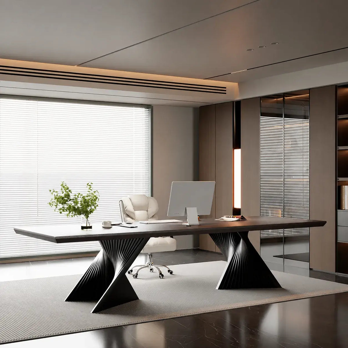 Solid Wood Office Desk with Sculptural X Steel Base and Cable Management