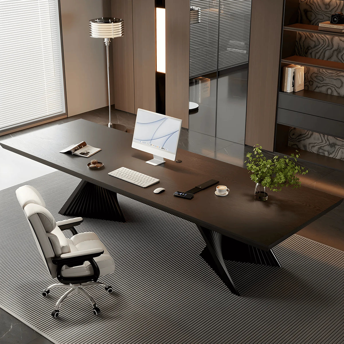 Solid Wood Office Desk with Sculptural X Steel Base and Cable Management Main Product Image Imagen principal del producto