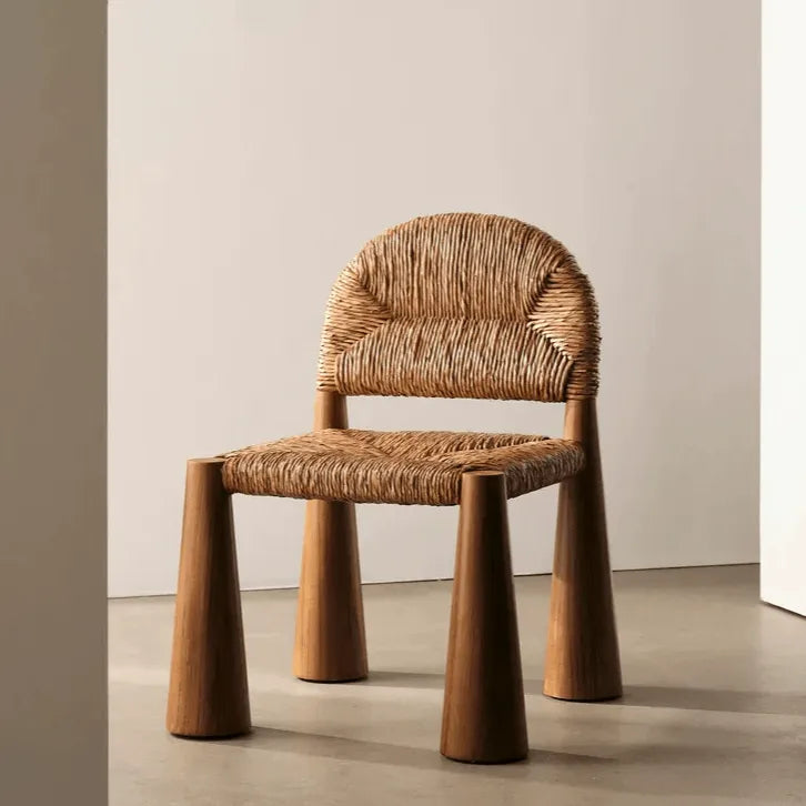 Solid Wood & Rattan Vintage Dining Chair with Sculptural Silhouette