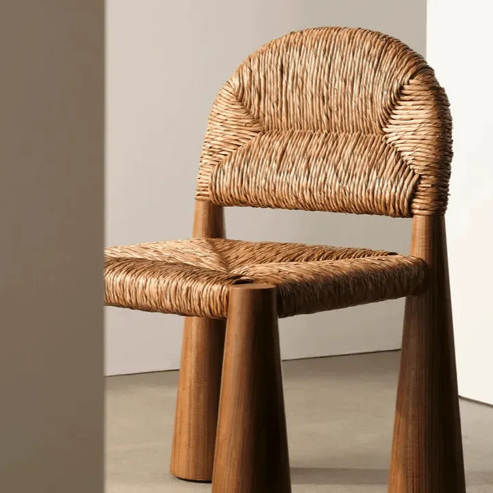 Solid Wood & Rattan Vintage Dining Chair with Sculptural Silhouette