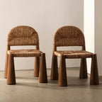 Solid Wood & Rattan Vintage Dining Chair with Sculptural Silhouette
