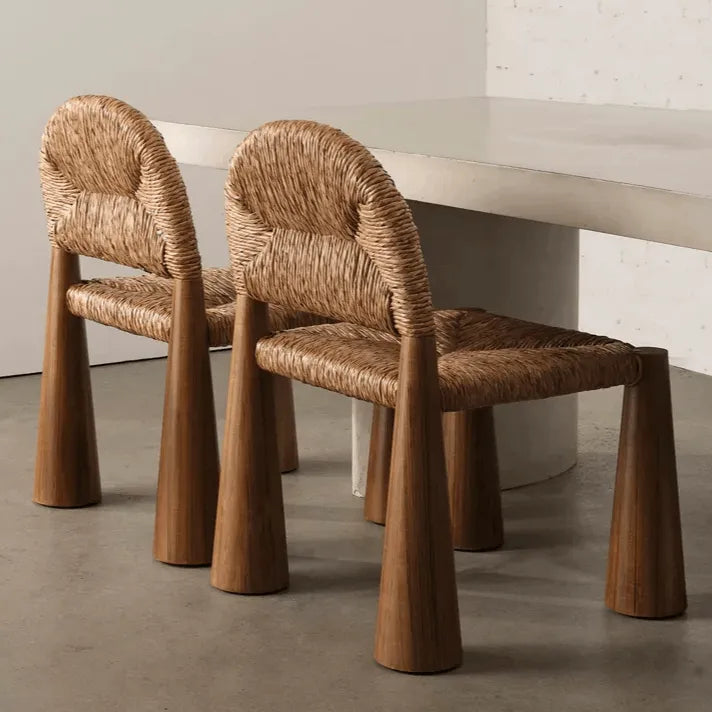 Solid Wood & Rattan Vintage Dining Chair with Sculptural Silhouette