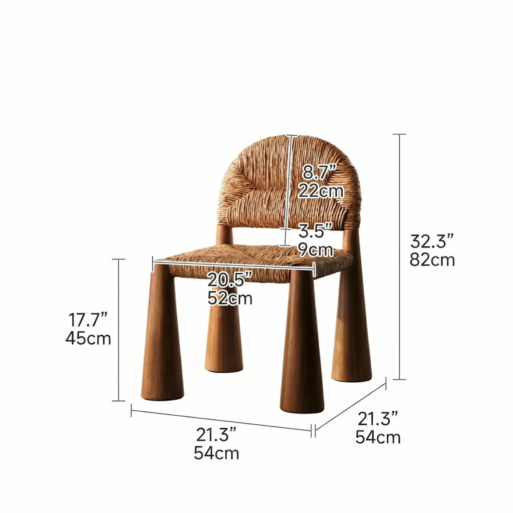 Solid Wood & Rattan Vintage Dining Chair with Sculptural Silhouette Dimensions