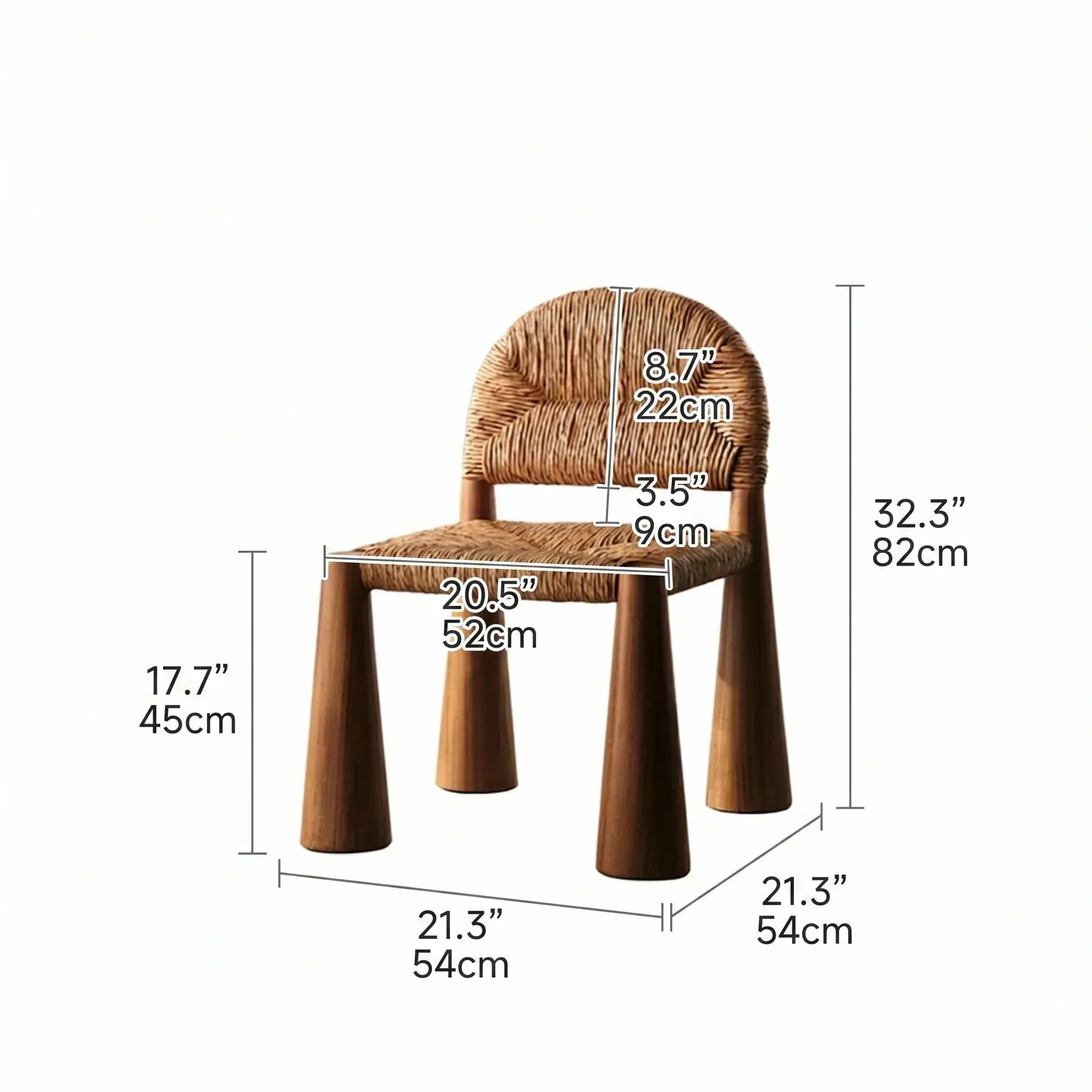 Solid Wood & Rattan Vintage Dining Chair with Sculptural Silhouette Dimensions