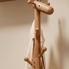 Solid Wood Shoe Bench with Open Shelving & Sculptural Giraffe Coat Rack