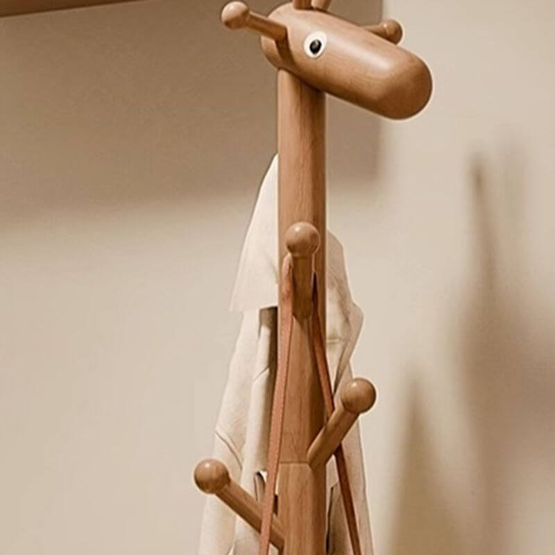 Solid Wood Shoe Bench with Open Shelving & Sculptural Giraffe Coat Rack