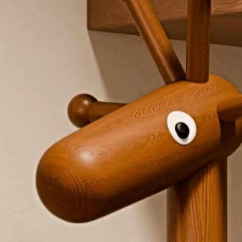 Solid Wood Shoe Bench with Open Shelving & Sculptural Giraffe Coat Rack