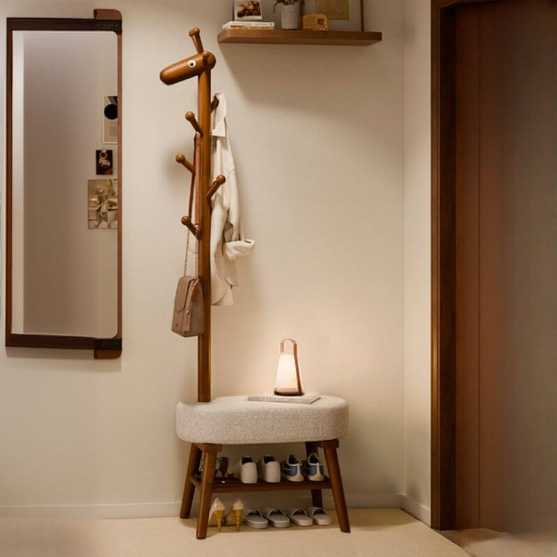 Solid Wood Shoe Bench with Open Shelving & Sculptural Giraffe Coat Rack
