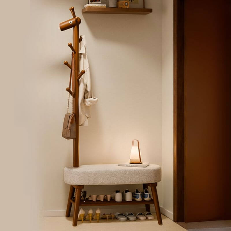 Solid Wood Shoe Bench with Open Shelving & Sculptural Giraffe Coat Rack