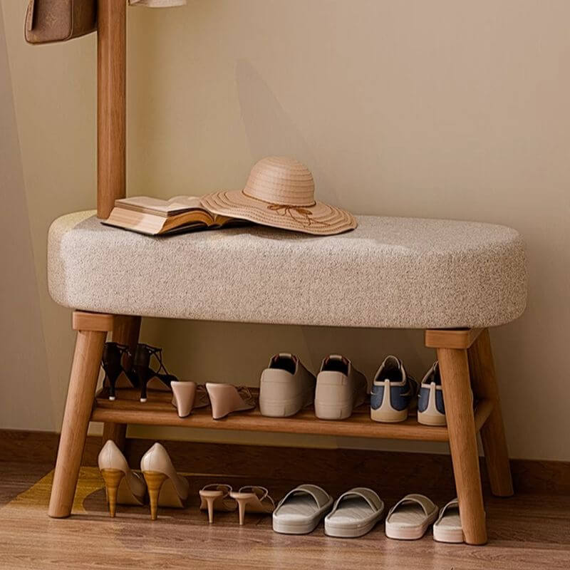 Solid Wood Shoe Bench with Open Shelving & Sculptural Giraffe Coat Rack