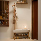 Solid Wood Shoe Bench with Open Shelving & Sculptural Giraffe Coat Rack