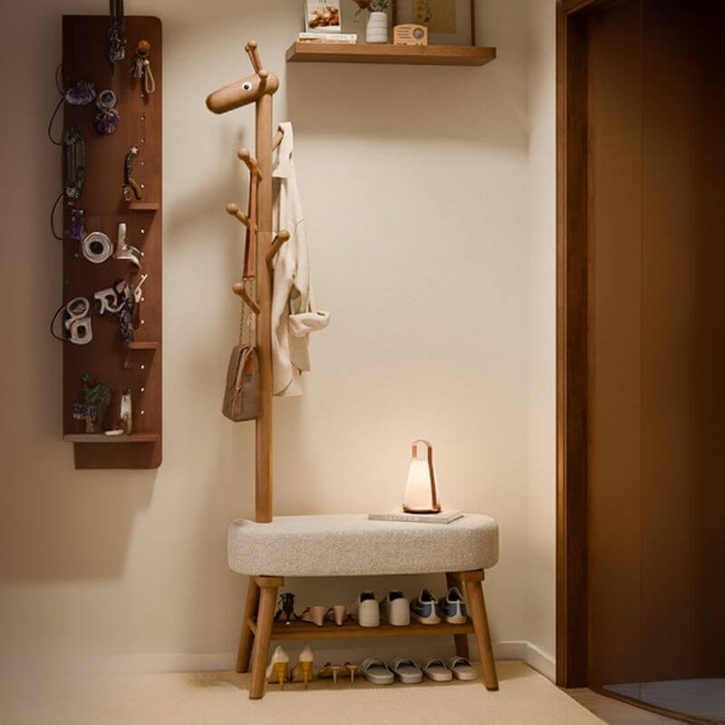 Solid Wood Shoe Bench with Open Shelving & Sculptural Giraffe Coat Rack