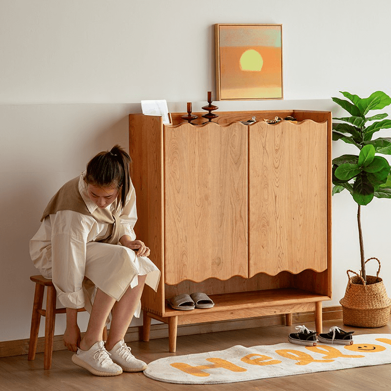 Solid Wood Shoe Cabinet With 5 Shelves & 2 Doors