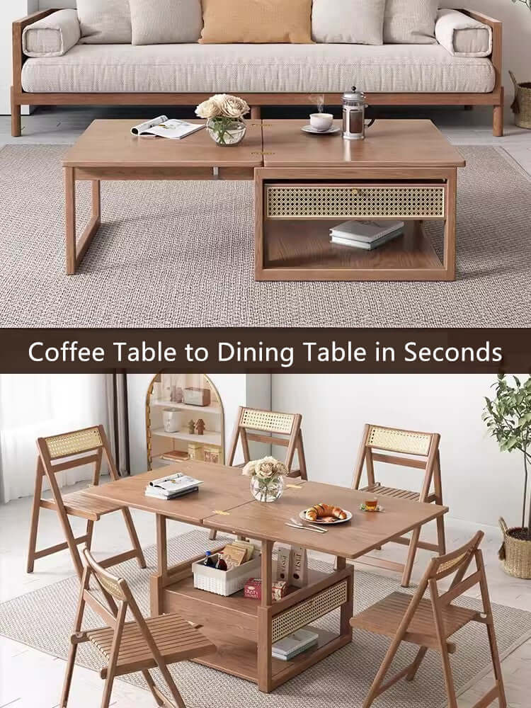 Solid Wood Space-Saving Coffee Table Set, Natural Finish