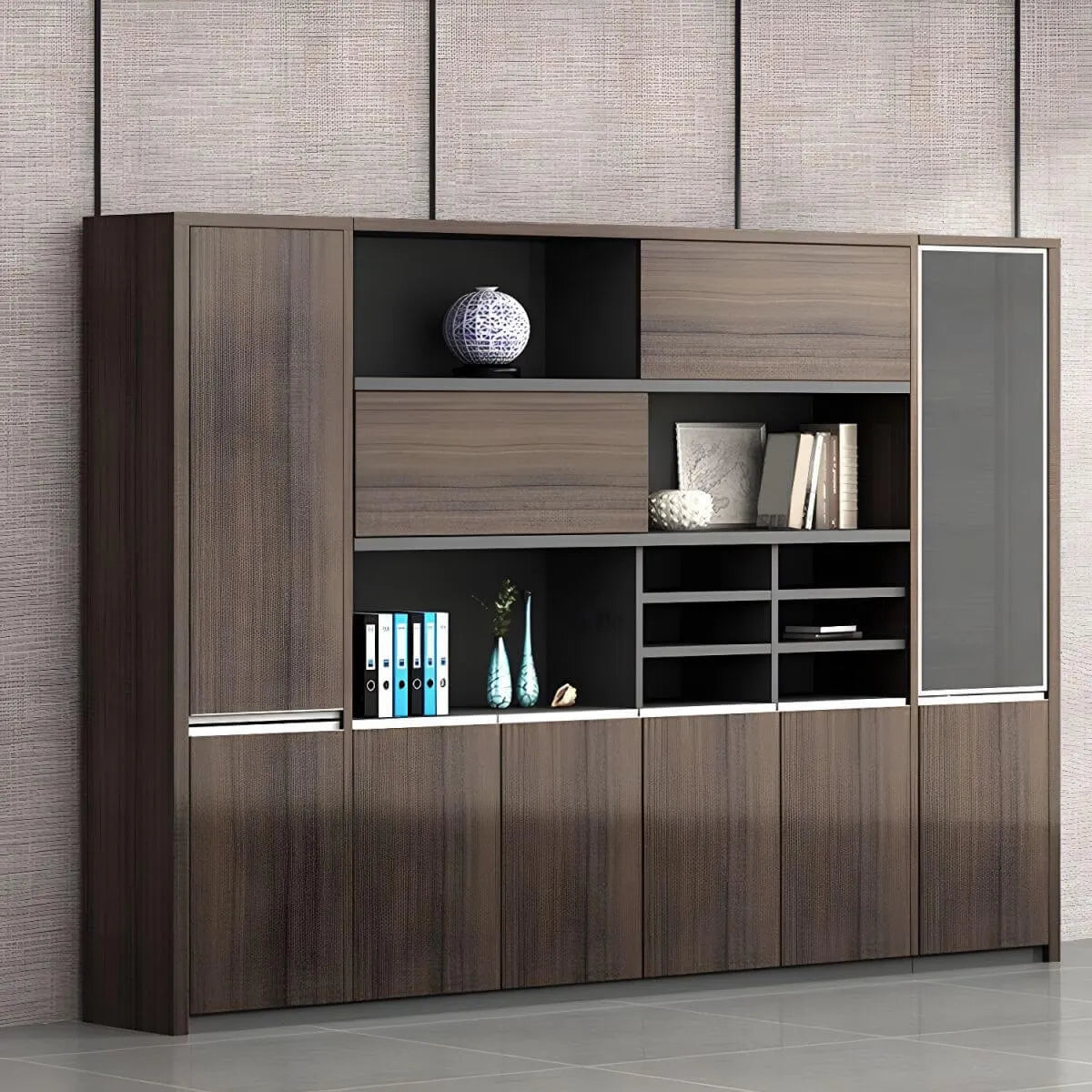 Solid Wood Storage File Cabinet Wall Unit With Display Shelves