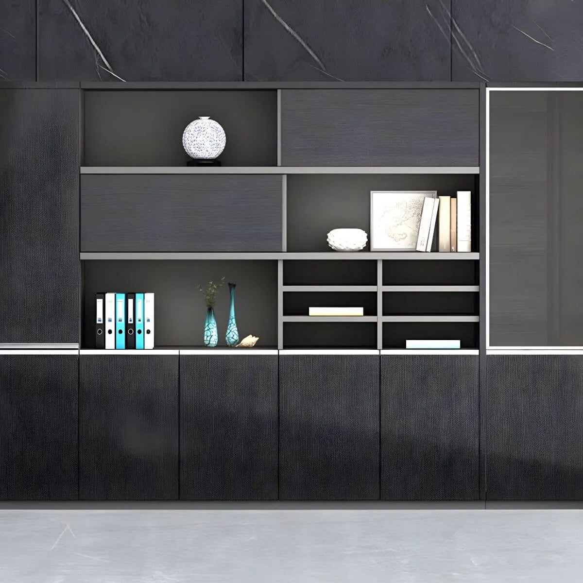 Solid Wood Storage File Cabinet Wall Unit With Display Shelves