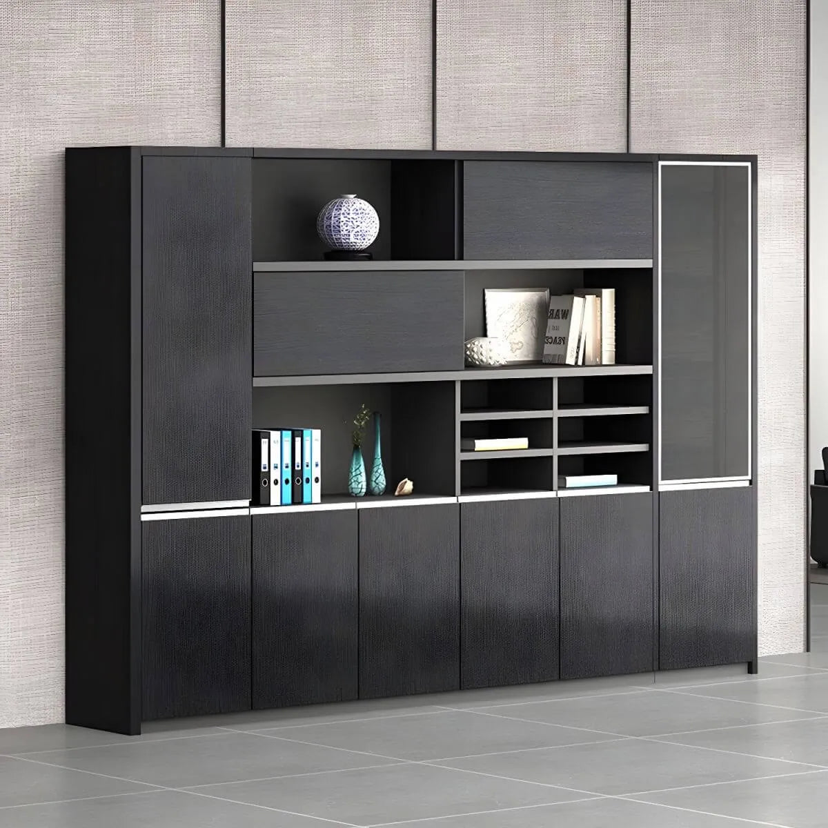 Solid Wood Storage File Cabinet Wall Unit With Display Shelves