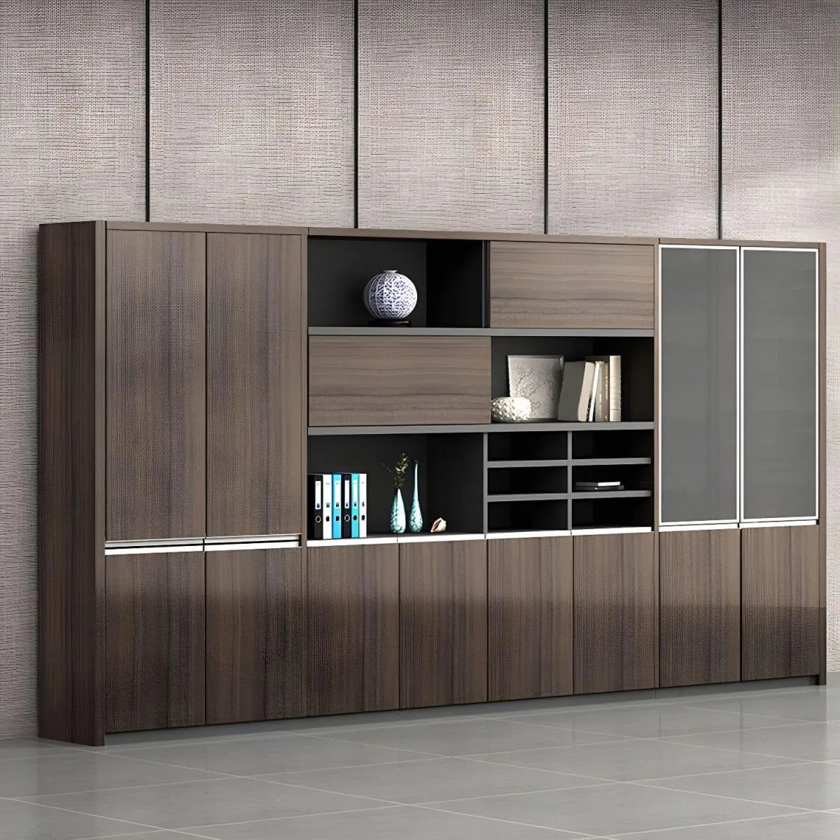 Solid Wood Storage File Cabinet Wall Unit With Display Shelves