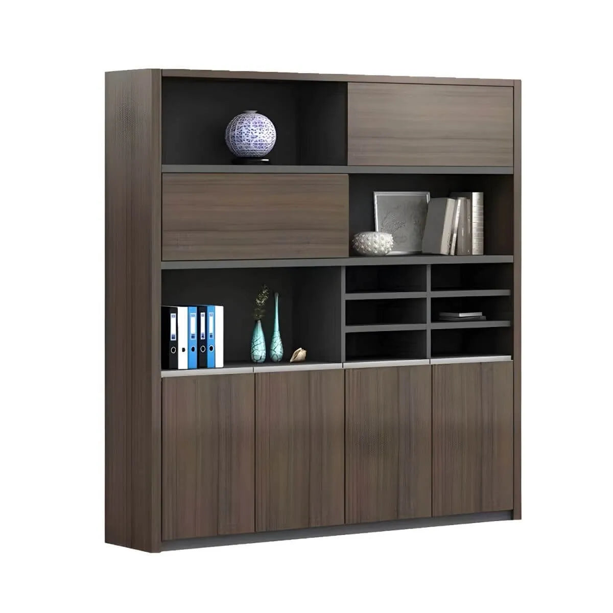 Solid Wood Storage File Cabinet Wall Unit With Display Shelves