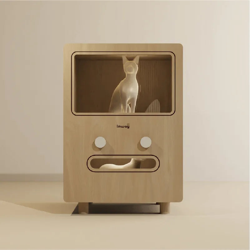 Solid Wood Two-Tier Cat House Side Table With Scratcher Detail