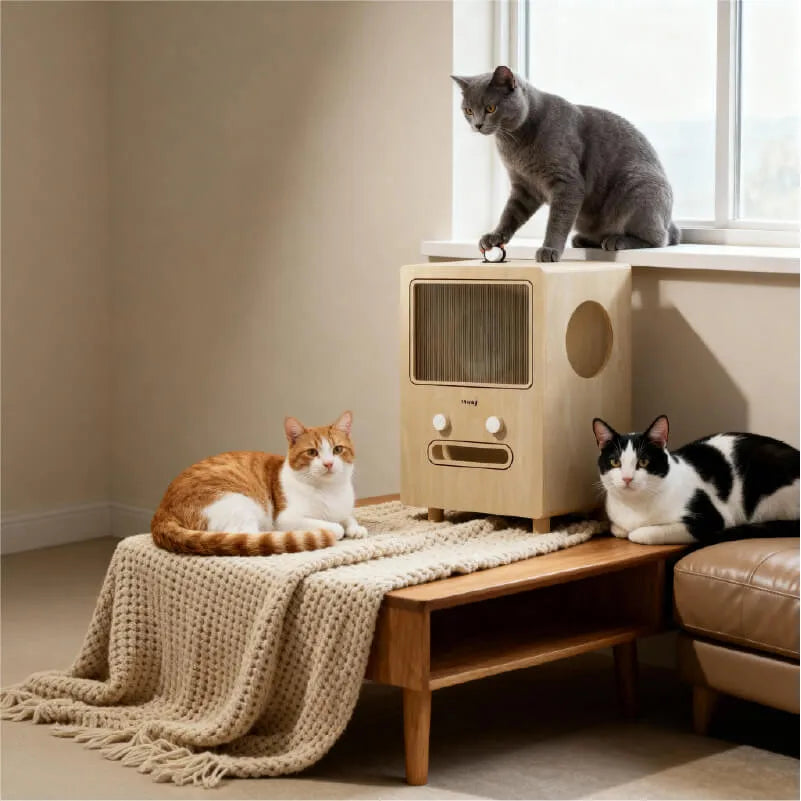 Solid Wood Two-Tier Cat House Side Table With Scratcher Detail
