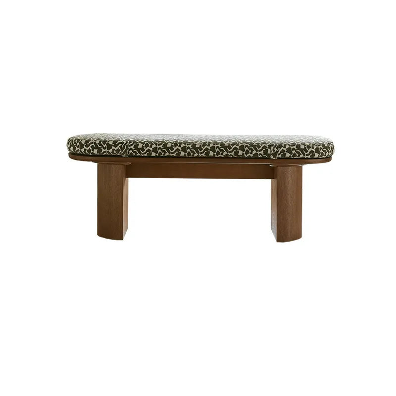 Solid Wood Upholstered Bench with Sculptural Legs and Textured Geometric Fabric