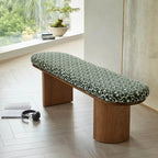 Solid Wood Upholstered Bench with Sculptural Legs and Textured Geometric Fabric