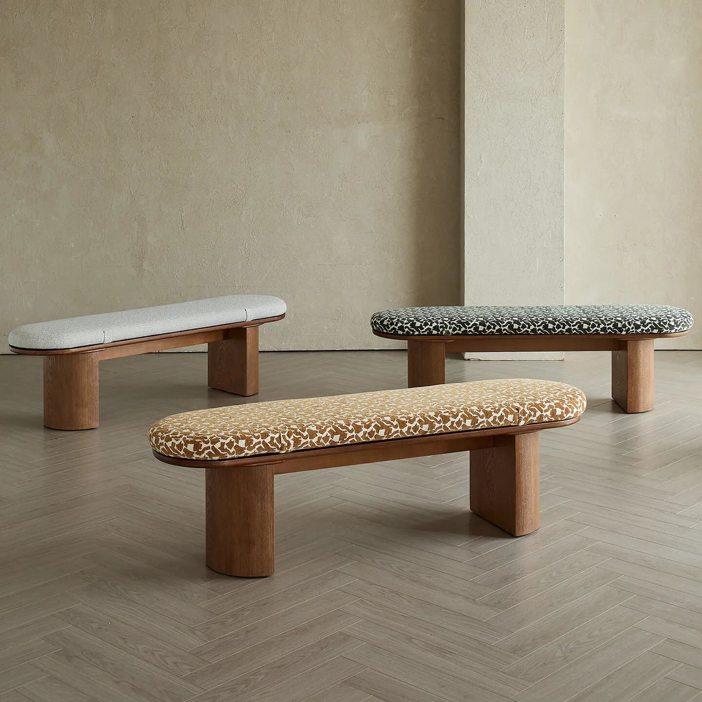 Solid Wood Upholstered Bench with Sculptural Legs and Textured Geometric Fabric