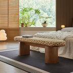Solid Wood Upholstered Bench with Sculptural Legs and Textured Geometric Fabric