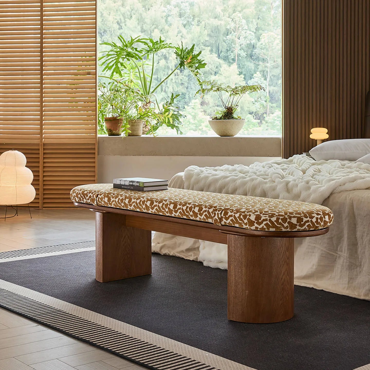 Solid Wood Upholstered Bench with Sculptural Legs and Textured Geometric Fabric