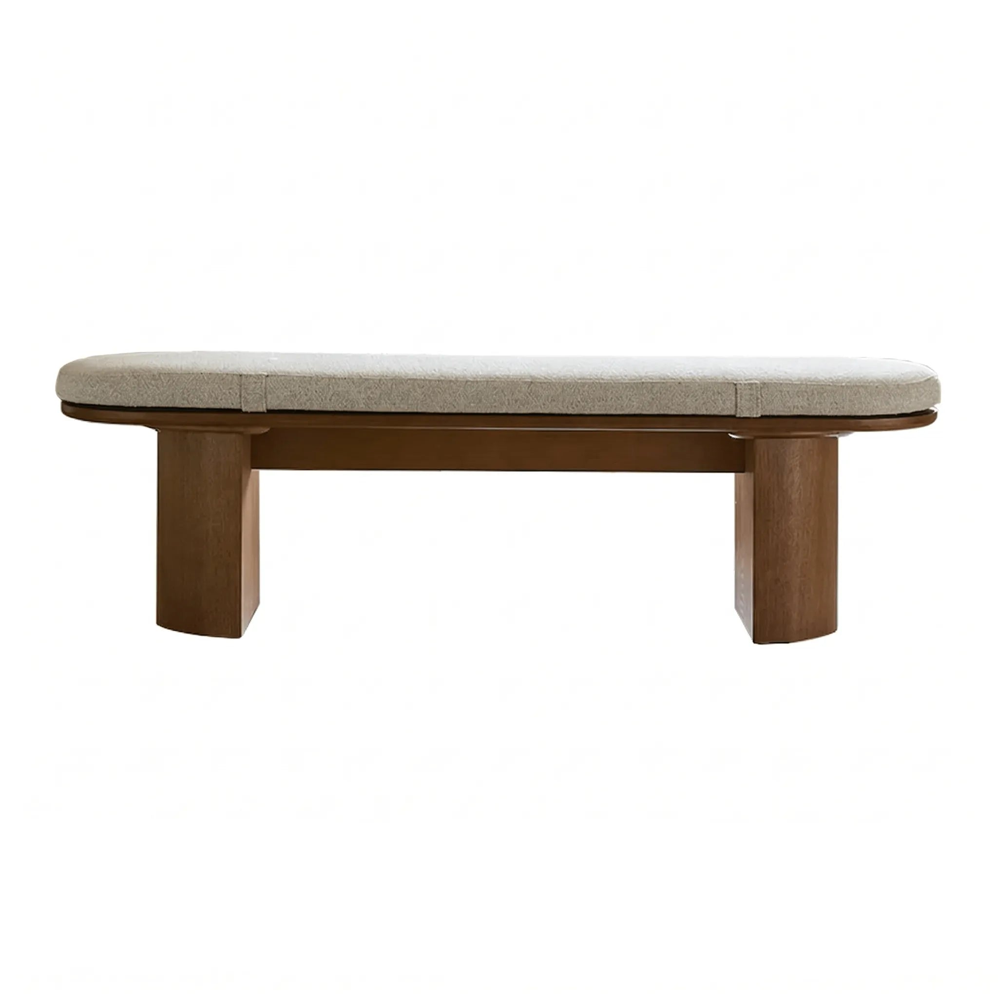 Solid Wood Upholstered Bench with Sculptural Legs and Textured Geometric Fabric
