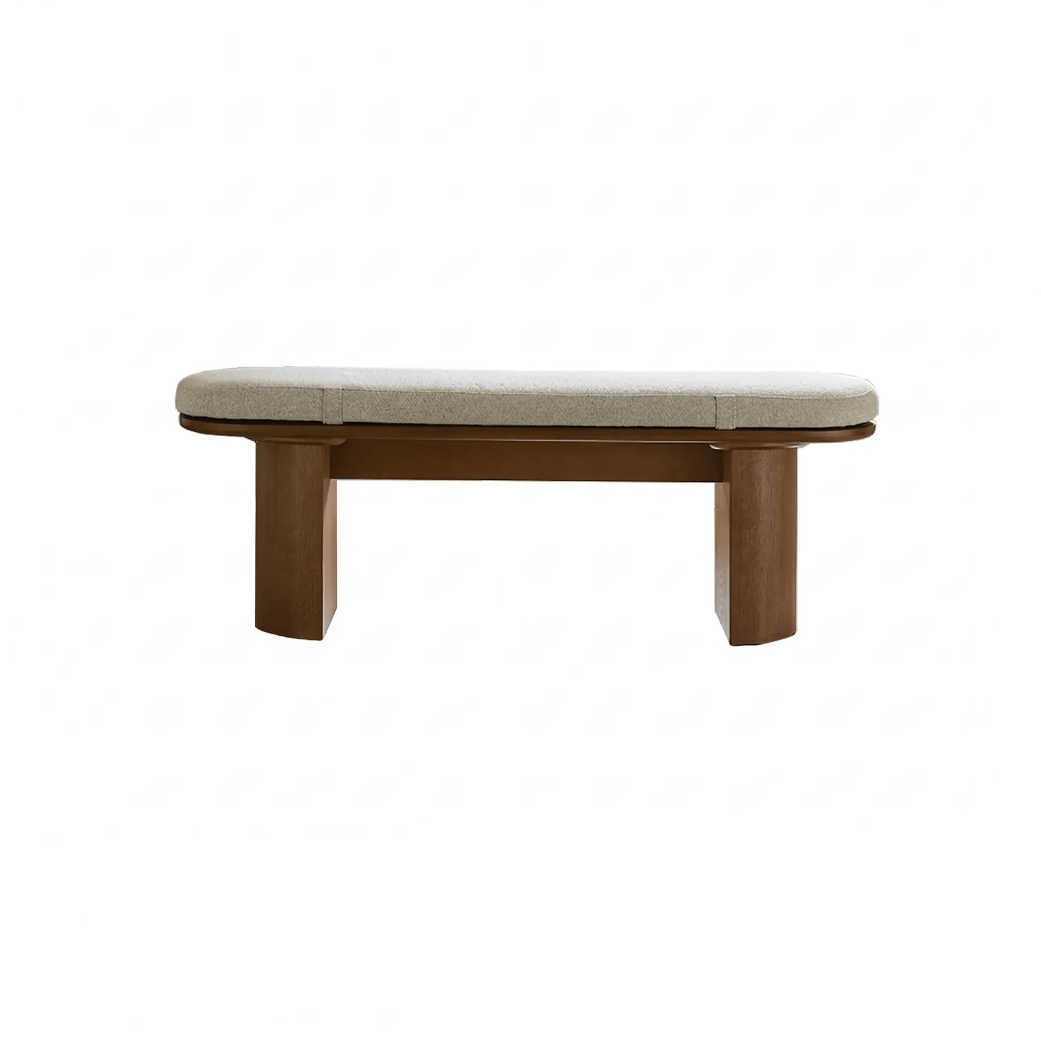 Solid Wood Upholstered Bench with Sculptural Legs and Textured Geometric Fabric