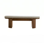 Solid Wood Upholstered Bench with Sculptural Legs and Textured Geometric Fabric