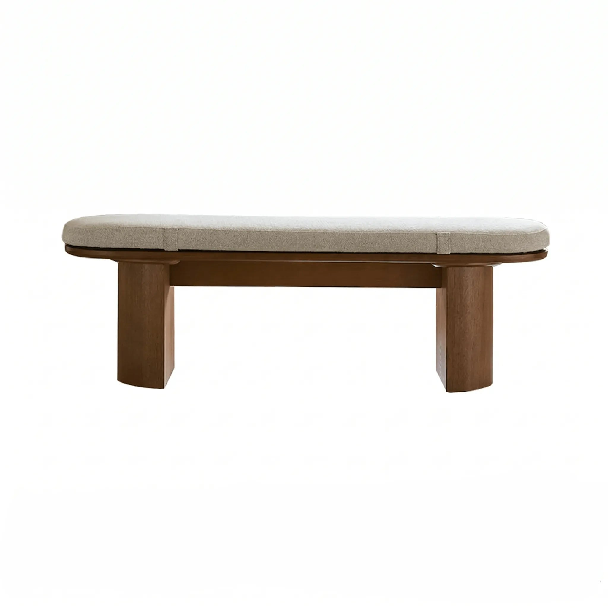 Solid Wood Upholstered Bench with Sculptural Legs and Textured Geometric Fabric