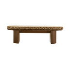 Solid Wood Upholstered Bench with Sculptural Legs and Textured Geometric Fabric