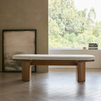 Solid Wood Upholstered Bench with Sculptural Legs and Textured Geometric Fabric