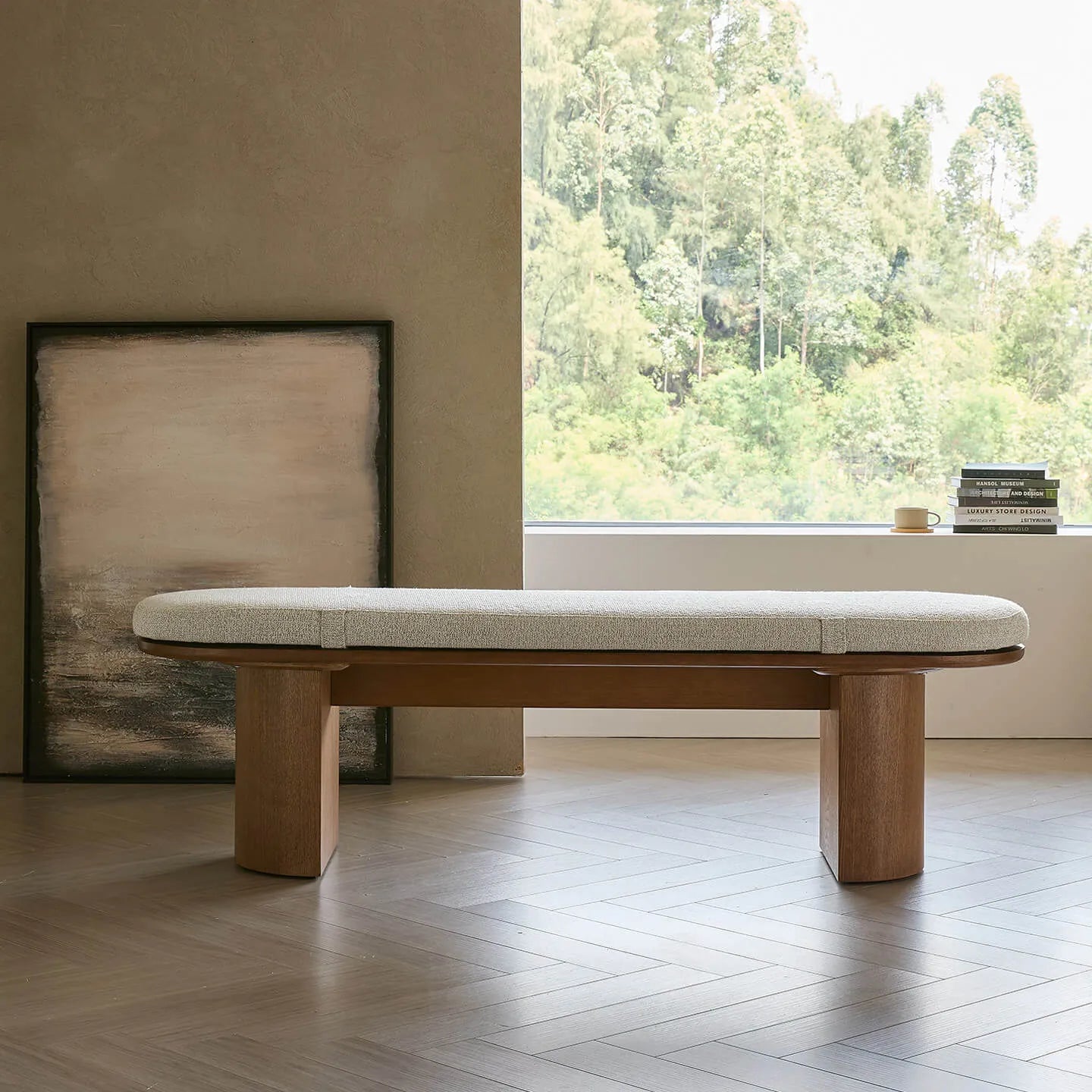 Solid Wood Upholstered Bench with Sculptural Legs and Textured Geometric Fabric