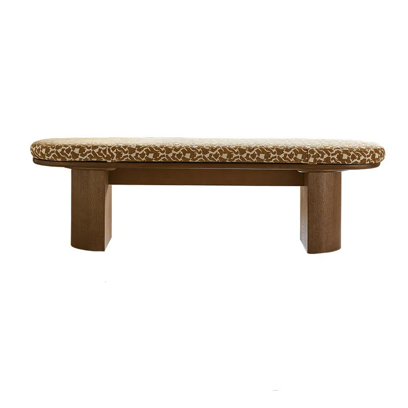 Solid Wood Upholstered Bench with Sculptural Legs and Textured Geometric Fabric