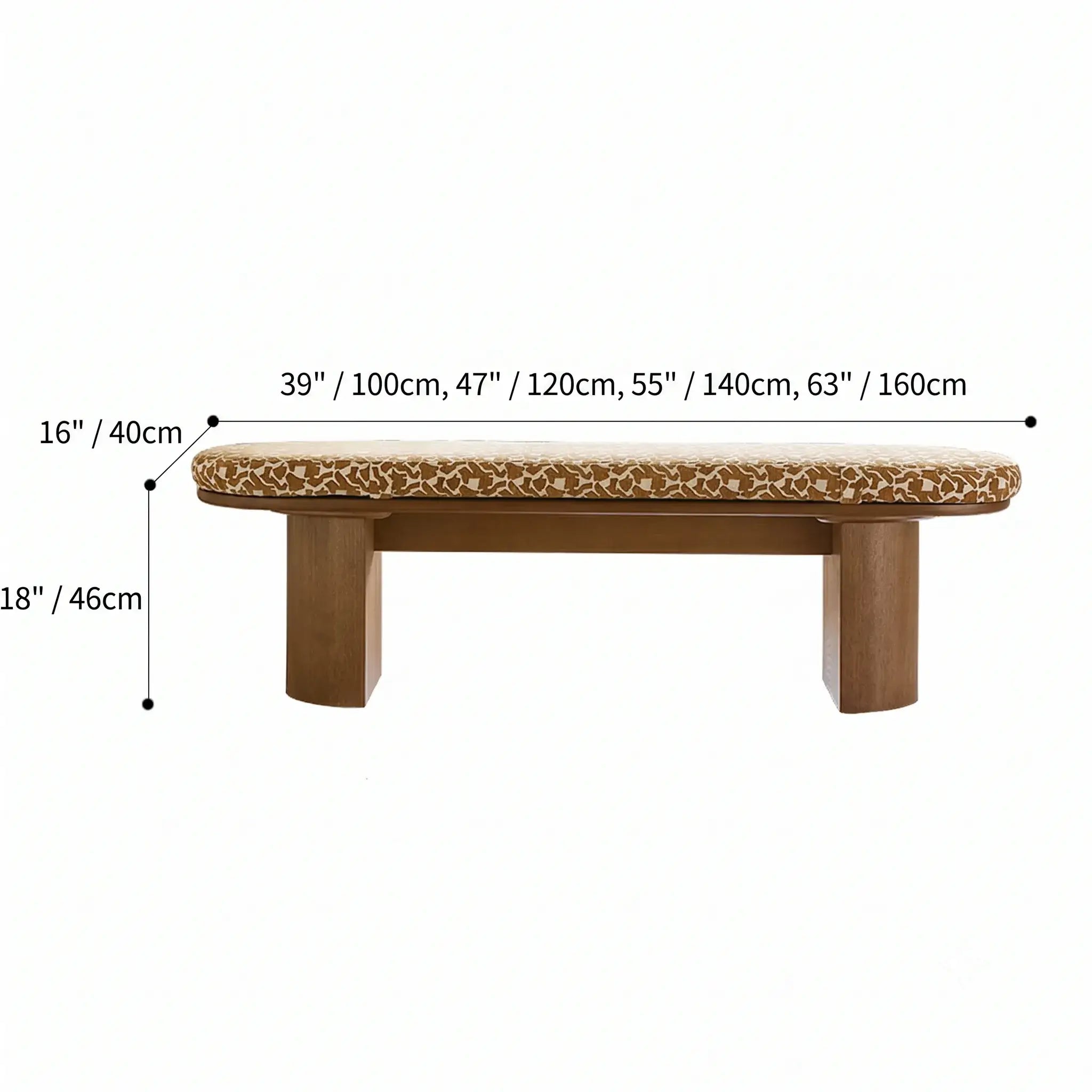 Solid Wood Upholstered Bench with Sculptural Legs and Textured Geometric Fabric Dimensions
