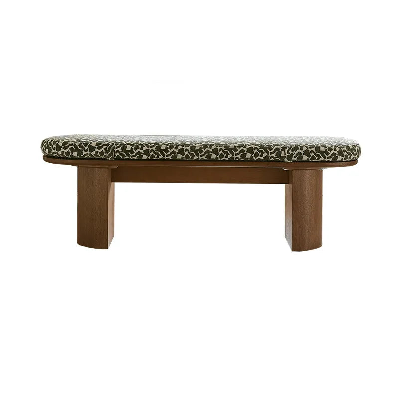 Solid Wood Upholstered Bench with Sculptural Legs and Textured Geometric Fabric