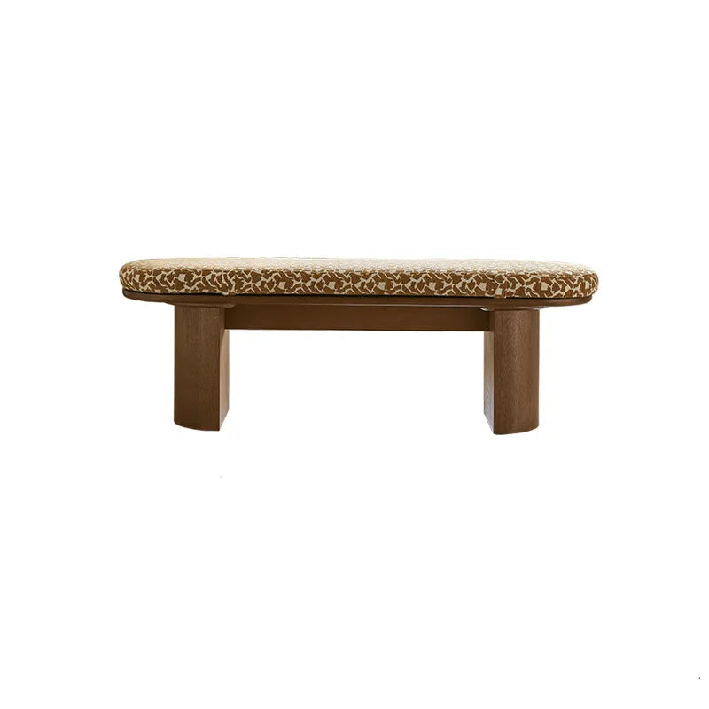Solid Wood Upholstered Bench with Sculptural Legs and Textured Geometric Fabric