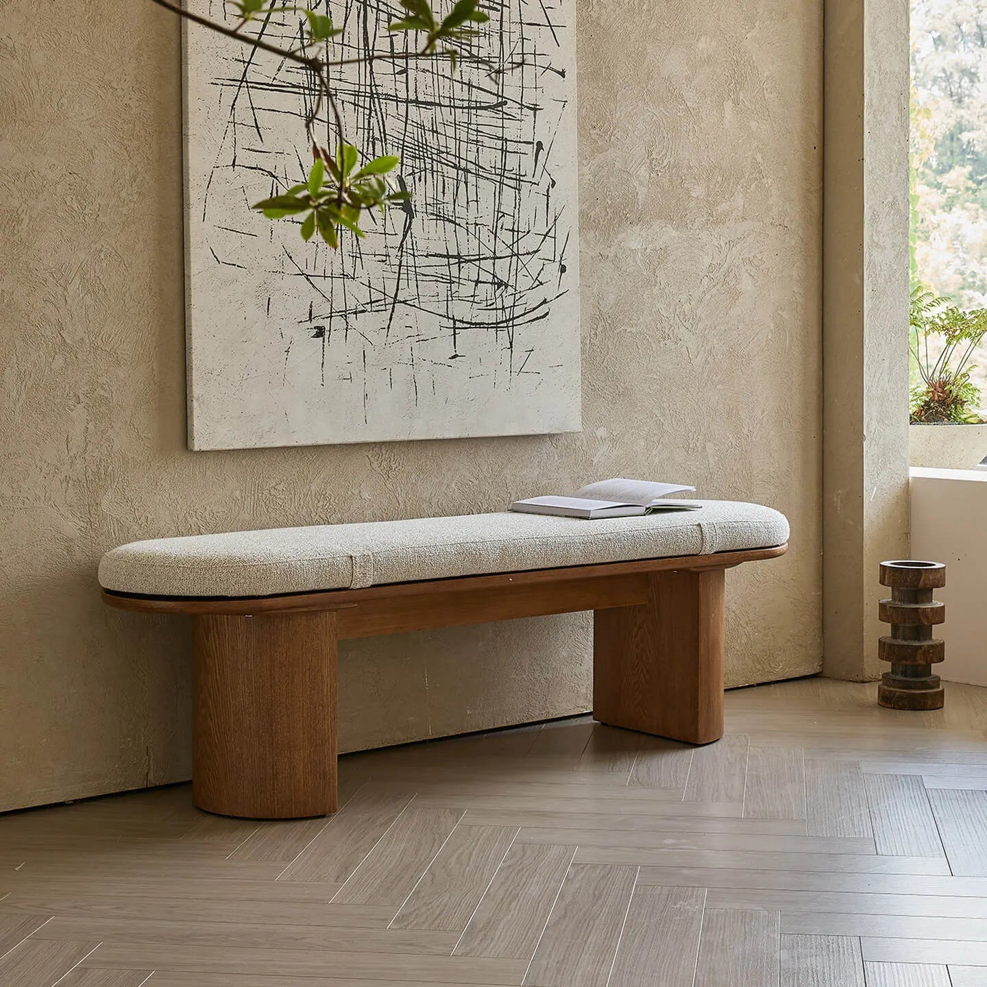 Solid Wood Upholstered Bench with Sculptural Legs and Textured Geometric Fabric Main Product Image